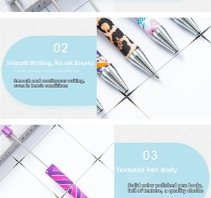 Detailed view of plastic beadable pens with leopard print and floral patterns
