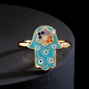 Gold Hamsa Hand open ring with colorful zircon and blue oil drop evil eye charm