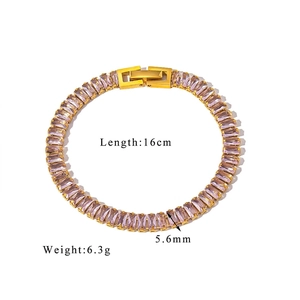 Detail view of 18K gold-plated tennis bracelet with pink baguette zircons, 16cm length