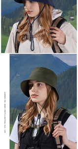 Close-up of waterproof sun bucket hats with adjustable chin straps in outdoor settings