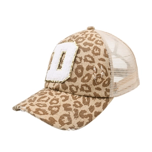Distressed leopard print trucker hat with letter patch and breathable mesh back