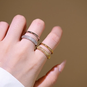 Double Layer Open Ring Copper 18K Gold Plated Cubic Zirconia Pave Setting Adjustable Minimalist Geometric Jewelry Women