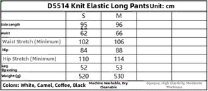 Size chart for high elasticity knitted trousers showing dimensions for sizes S and M