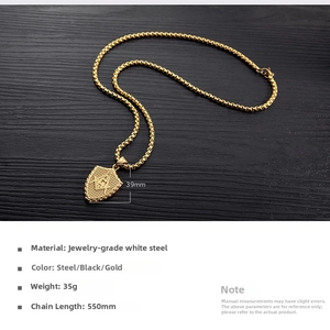 Detail of Masonic shield pendant in gold stainless steel with chain length 550mm and 35g weight