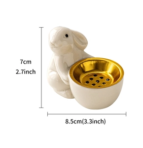 Detailed view of white ceramic rabbit incense burner with gold bowl and size dimensions