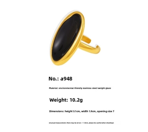 Detail view of oval stainless steel ring with black enamel inlay and gold plating