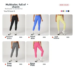 Gros plan sur les leggings de yoga taille haute sans couture en noir, bleu, jaune, gris