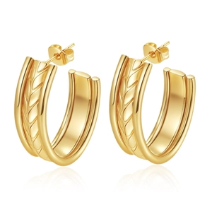 Chic double-layer woven texture gold hoop earrings with polished inner band on white background