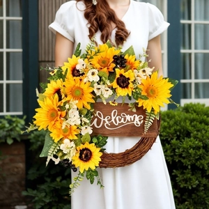 Ghirlanda Di Girasoli Artificiali Con Targa In Legno Welcome Base In Rattan Decorazione Floreale Rustica Per Porta Parete Casa
