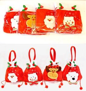 Detailed view of plush Christmas drawstring gift bags with Santa and reindeer cartoons