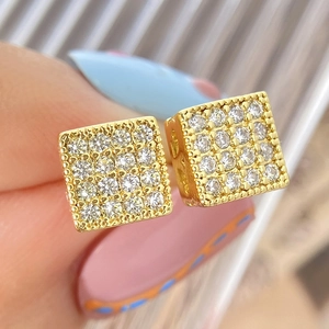 Hip Hop Geometric Cube Stud Earrings For Women Men Copper Micro Pave Zirconia Square Ear Piercing Jewelry Gold Plated Gift