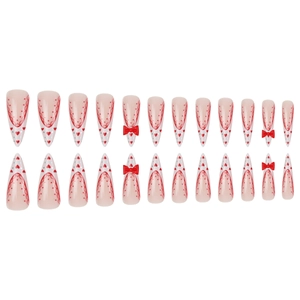 Press-on-Nägel-Set mit 3D-roten Schleifen und Herzmuster auf Stiletto-Spitzen