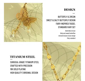 Detail of 18k gold plated surgical titanium steel butterfly pendant with zircon tassels