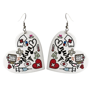Western style heart-shaped white leather earrings with nurse and medical themed patterns