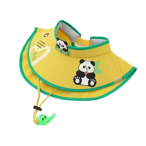 Yellow kids panda sun visor hat with wide brim, green mesh trim and whistle detail