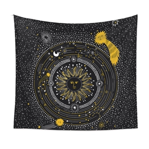 Macro detail of Bohemian sun and moon celestial tapestry with intricate gold patterns