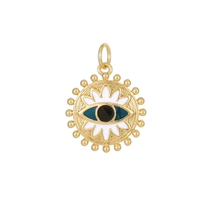 Golden 14K evil eye charm pendant with white enamel petals for jewelry making