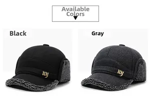 Detail of winter baseball hat with ear flaps in black and grey woolen fabric