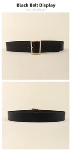 Detail view of black leather waist belt with gold geometric metal buckle for coats
