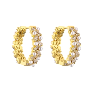 Detail of 18K gold plated hoop earrings with inlaid pearls and rectangular zircons
