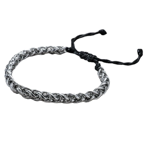 Minimalist silver steel chain bracelet with adjustable black braided cord and metal links