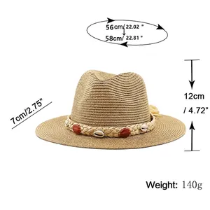 Straw fedora sun hat with shell band and dimensions for beach vacation and outdoor sun protection