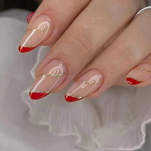 Red French Tip Almond Press On Nails With Gold Glitter Waves Nude Pink Glossy Artificial Fake Nails For Women Bridal Manicure