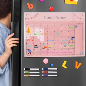 Clear magnetic acrylic monthly planner on fridge with six colorful markers and woman