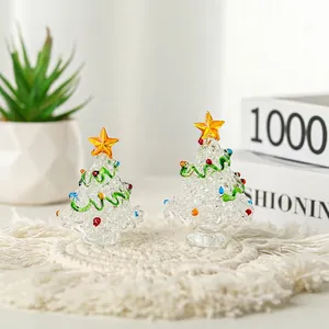 Set of two mini glass Christmas tree ornaments with colorful dots and star on top