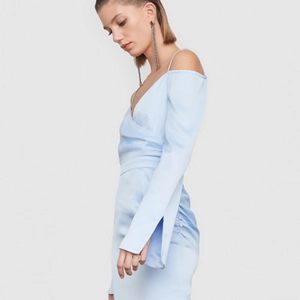Elegant light blue off-shoulder satin mini dress with long sleeves and slim fit design