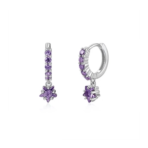 S925 silver hoop earrings with purple star zircon charms and polished finish