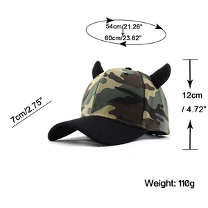 Detailed dimensions of the camo baseball cap with horns, showing brim and crown measurements