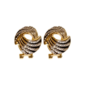 Vintage gold-plated spiral earrings with cross wing design and micro-pave diamonds