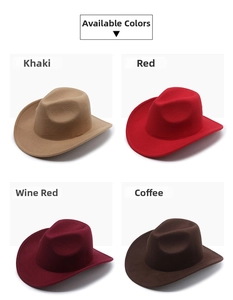 Detailed selection of western cowboy hats in khaki, red, burgundy, and coffee felt colors