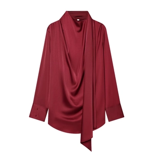 Elegant burgundy long-sleeved satin shirt with high drape neck and tie front design