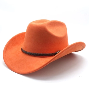 Detailansicht des orangefarbenen Wildleder-Cowboyhuts mit geflochtenem Bandakzent