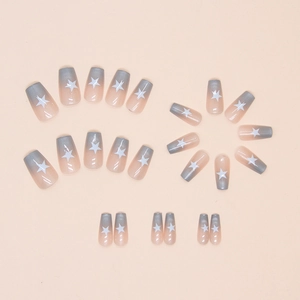 Detail of 24pcs pink cat eye star press-on nails with grey gradient and star pattern