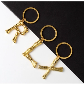 Golden metal alphabet keychain letter R T X with creative key ring on black and white background
