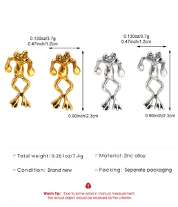 Detailed size specifications for frog earrings in gold and silver zinc alloy finish