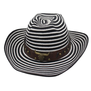 Chapeau de paille jazz style western à rayures noir et blanc avec boucle tête de taureau