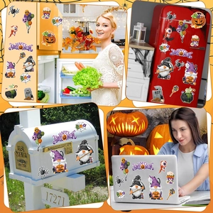 Halloween gnome magnets displayed on refrigerator, mailbox, and laptop surfaces