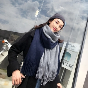 Winter thick knitted color-block scarf in navy and grey with fringe for men and women