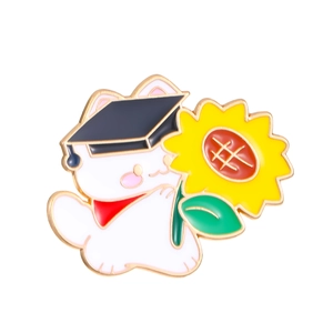Detailed enamel pin of a white cat with graduation cap and a large sunflower