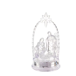 Clear acrylic LED Nativity Scene featuring Joseph Mary and baby Jesus with star arch