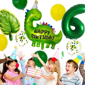 Kit de ballons fête dinosaure avec un grand chiffre 6 vert et un dinosaure mignon
