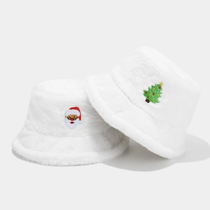 Cappelli alla pescatora in peluche bianco invernale con ricami natalizi di Babbo Natale