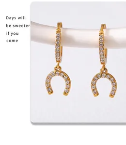 Close-up of gold-plated horseshoe hoop earrings with zircon pavé on a white display