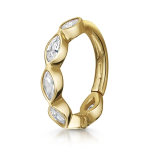 Gold marquise zircon hoop earring featuring five clear stones in a minimalist geometric style