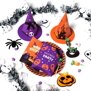 Halloween party set with purple wizard hats and pillow gift boxes for candy treats