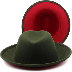 Classic two-tone wool fedora hat in dark green and vibrant red with a wide brim